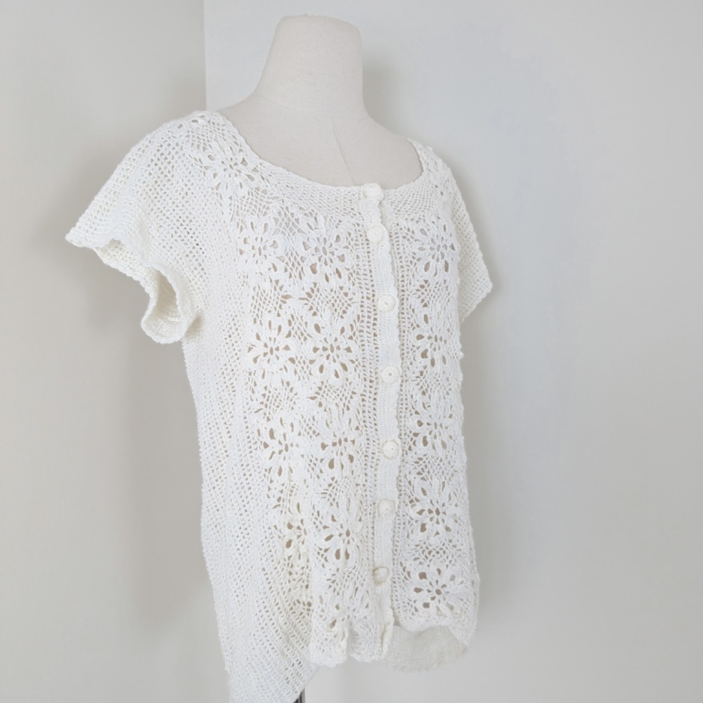 Vintage Crochet Button Down Cardigan Short Sleeve Size Medium - Picture 3 of 10